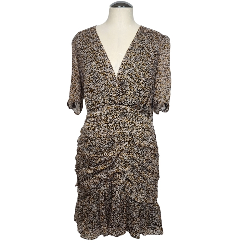 ASTR Shirred V Neck Short Sleeves Back Zip Dress M